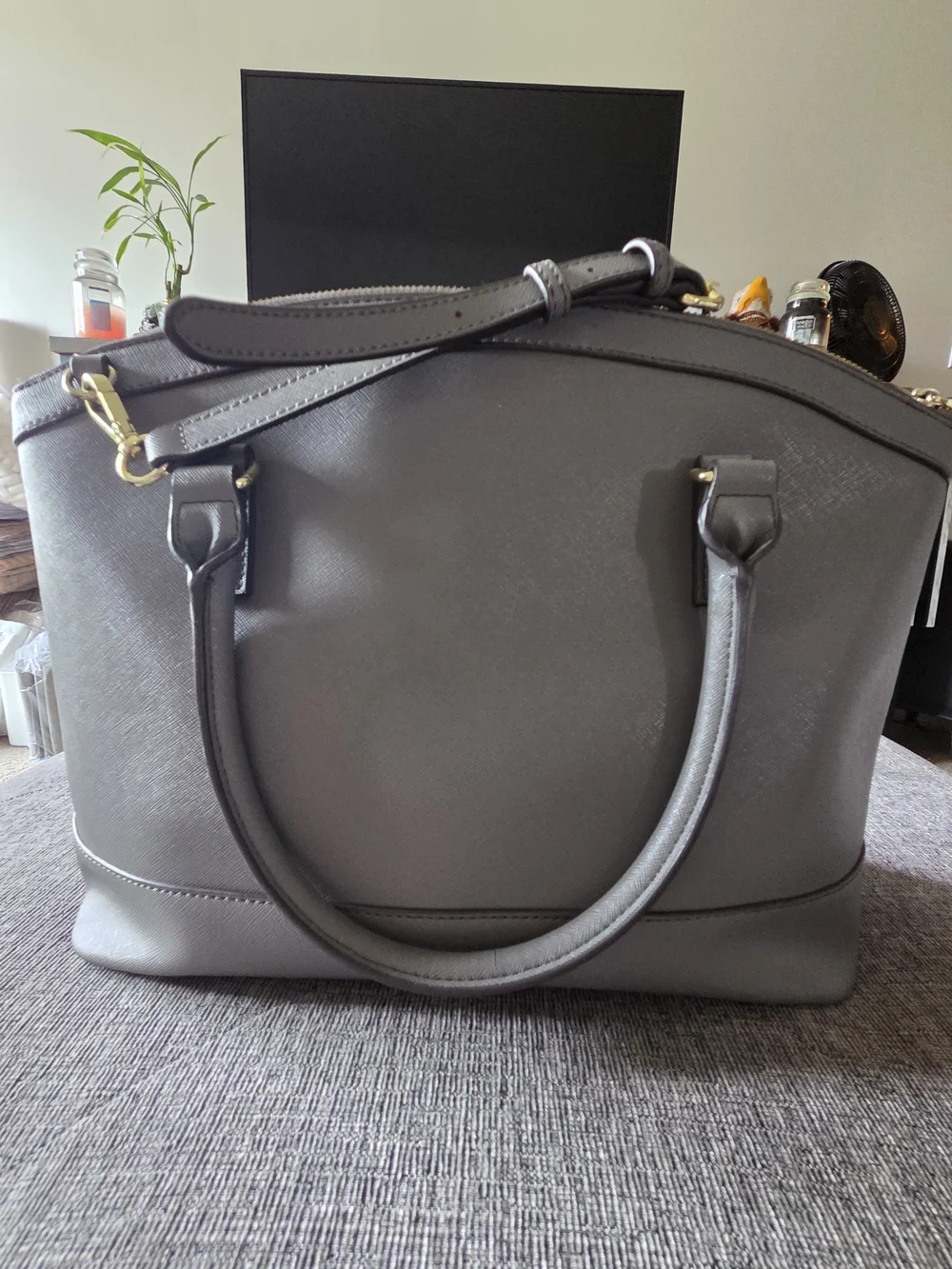Anne Klein Gray Dome Satchel with Gold-Tone Hardware
